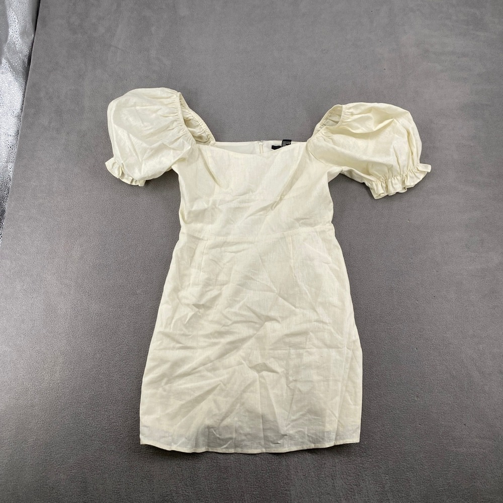 Cream‎ Linen Blend Puff Sleeve Mini Dress Sweetheart Neckline sz s Cottagecore